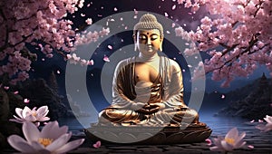 Shakyamuni Buddha statue entered nirvana cherry blossom meditation and zen concept night scene