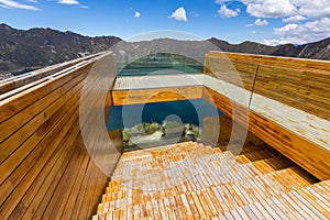 Shalala Viewpoint. Lake Quilotoa. Panorama of volcano crater lagoon of Quilotoa, near Quito, Andean region of Ecuador