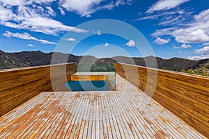 Shalala Viewpoint. Lake Quilotoa. Panorama of volcano crater lagoon of Quilotoa, near Quito, Andean region of Ecuador