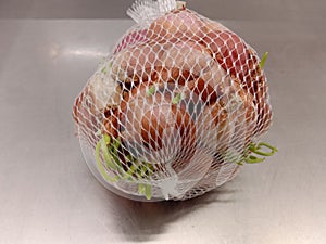 Shallots, in a net bag, must be planted in the ground.