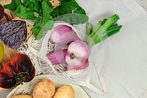 Shallots onions and other vegetables. Various of vegetables. Country style. Farming and harvesting. Top view.