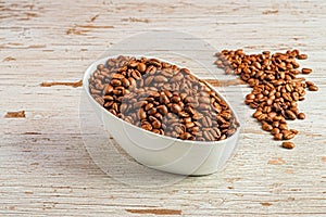 Shallow bowl of freshly roasted coffee beans on a bright white wooden table