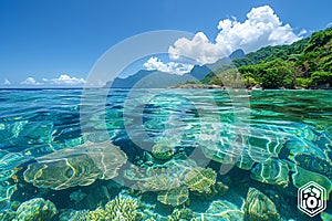 Shallow coral reef with clear water above