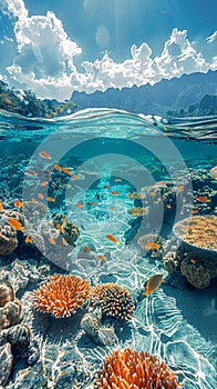 Shallow coral reef with clear water above