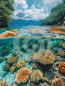 Shallow coral reef with clear water above