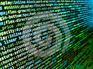 Shallow Depth of Field effect. Abstract computer script source code. Shallow depth of field, selective focus effect. Computer code