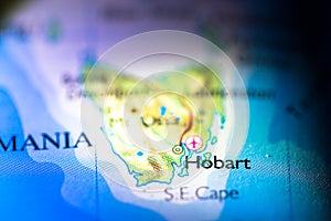 Shallow depth of field focus on geographical map location of Hobart city in Tasmania island Australia Australasia continent on atl