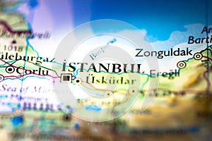 Shallow depth of field focus on geographical map location of Istanbul Byzantium Constantinople Turkey Asia continent on atlas