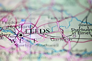 Shallow depth of field focus on geographical map location of Leeds city England United Kingdom Great Britain Europe continent on a photo