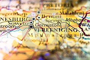 Shallow depth of field focus on geographical map location of Vereeniging city in South Africa Africa continent on atlas