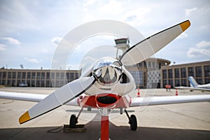 Shallow depth of field image with the front propeller of a light aircraft