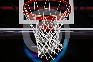 Shallow depth of field selective focus details with a basketball panel and net before an official game