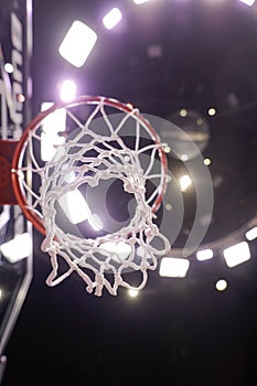 Shallow depth of field selective focus details with a basketball panel and net before an official game