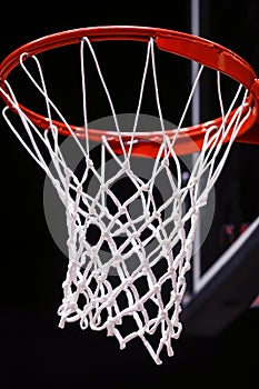 Shallow depth of field selective focus details with a basketball panel and net before an official game