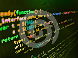 Shallow depth of field, selective focus effect. Abstract screen of web developer. Screenshot with random parts of program code.