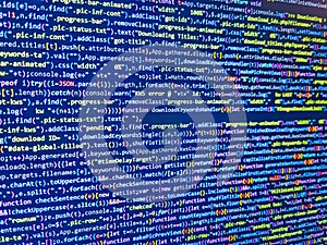 Shallow depth of field, selective focus effect. Abstract source code background. Css3 code on a colorful background. Programming