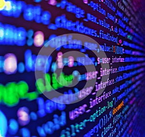 Shallow depth of field, selective focus effect. Program development concept. Binary computer code background, abstract. Abstract