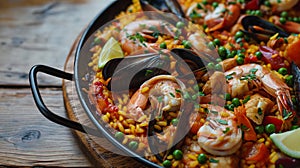 Shallow depth of field (selective focus) image with tasty Spanish paella dish. Generative AI