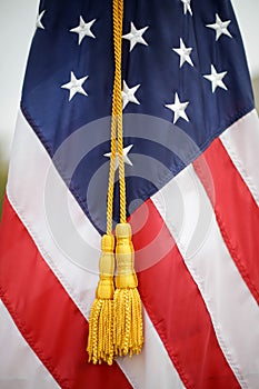 Shallow depth of field selective focus image with the US flag on a pole on a vegetal background