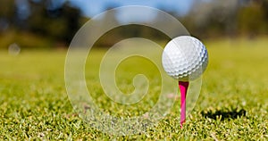 Shallow focus of a golf ball on a tee at a course