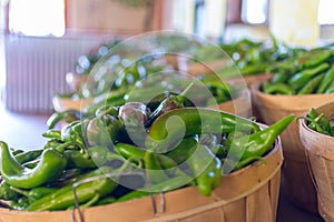 Large bushels of fresh green chili peppers ready for roasting at a market in New Mexico.