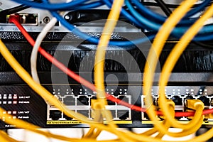 Shallow focus of a newly installed, Gigabit core switch with PoE functionality. photo