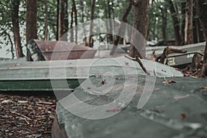 Shallow focus shot of abandoned rowboats in a forest