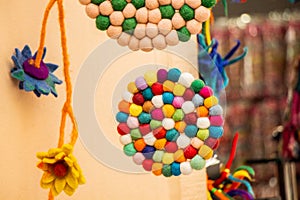 Shallow focus shot of colorful cotton balls decoration