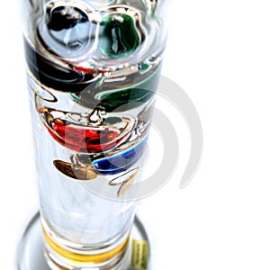 Shallow focus shot looking down on galileo thermometer