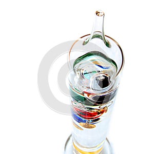 Shallow focus shot looking down on galileo thermometer