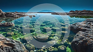 Shallow pool of water with primitive ancient lifeforms and green algae. Generative AI