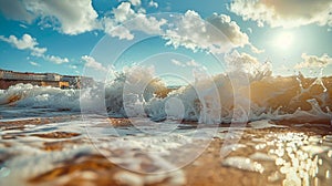 Shallow waves crash energetically on a sandy beach with the sun overhead