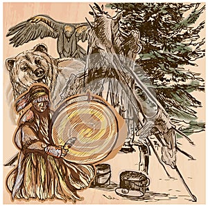 Shaman, bear and eagle. An hand drawn vector picture. Line art i