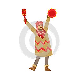 Shaman character in national clothes dancing with a tambourine, authentic ritual vector Illustration