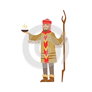 Shaman character in national clothes performing ritual offerings to the gods vector Illustration