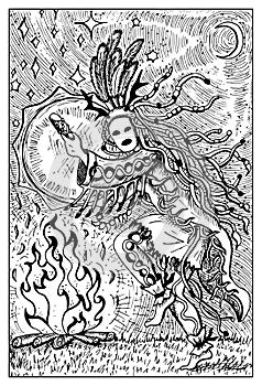 Shaman. Engraved fantasy illustration