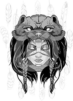Shaman girl face in headdress, monochrome vector illustration