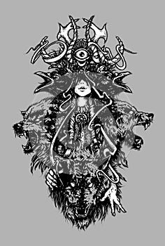 The shaman girl. Wolves and crows, witchcraft. Hand drawing for T-shirt or tattoo