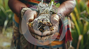 A shaman holding a bundle of sage traditionally used in South American cultures for spiritual cleansing and purification