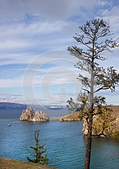 Shaman Rock, Cape Burhan, or Shamanka in autumn, Baikal lake, Russi photo