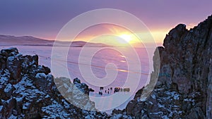 Shaman rock in frozen lake Baikal