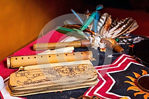 Shaman spiritual tools on the table close up