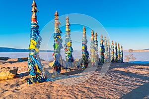 Shaman totem poles at Cape Burkhan on Olkhon Island