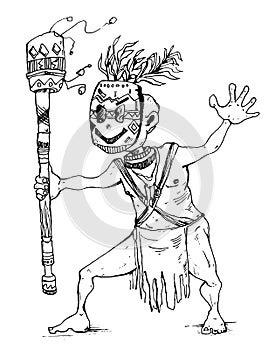 Shaman in tribal mask dancing ritual dance. Cartoon character.