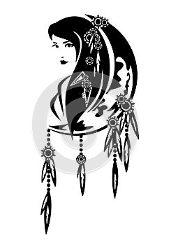 Shaman woman and crescent moon black and white vector portrait