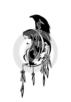 Shaman woman, raven bird and crescent moon tribal black and white vector portrait