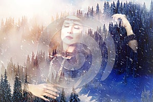 Shaman woman in winter landscape, artist collage.