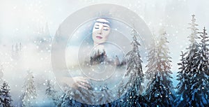 Shaman woman in winter landscape, artist collage