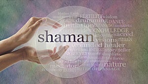 Shaman word cloud and healing hands