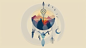 Shamanic Dreamcatcher and Symbols in Stylized Landscape